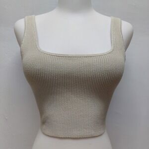Babaton Sculpt Knit Tank Women's XS Beige Square Neck Ribbed Cropped Top